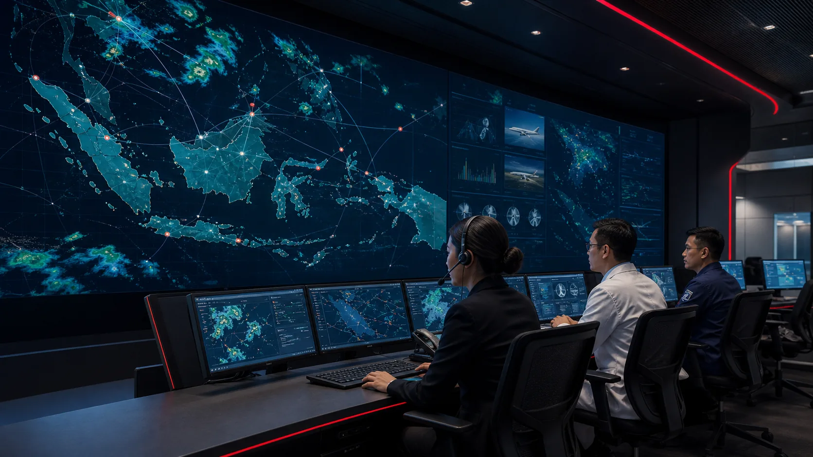 Conceptual medical aviation command center monitoring routes across Indonesia