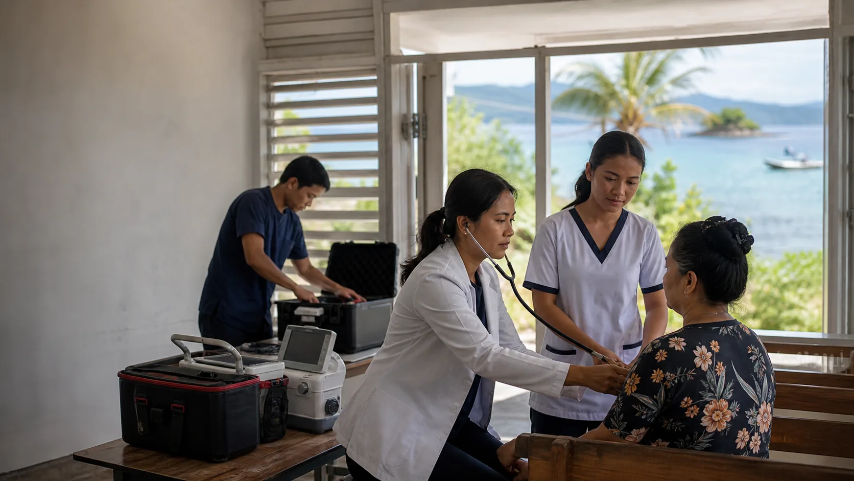 Conceptual flying-doctor team examining a patient in a remote island clinic